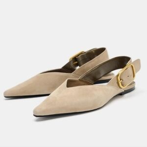 ZARA Split Leather Buckle Pointed Toe Slingbacks, Beige, Size 36 (US 6)